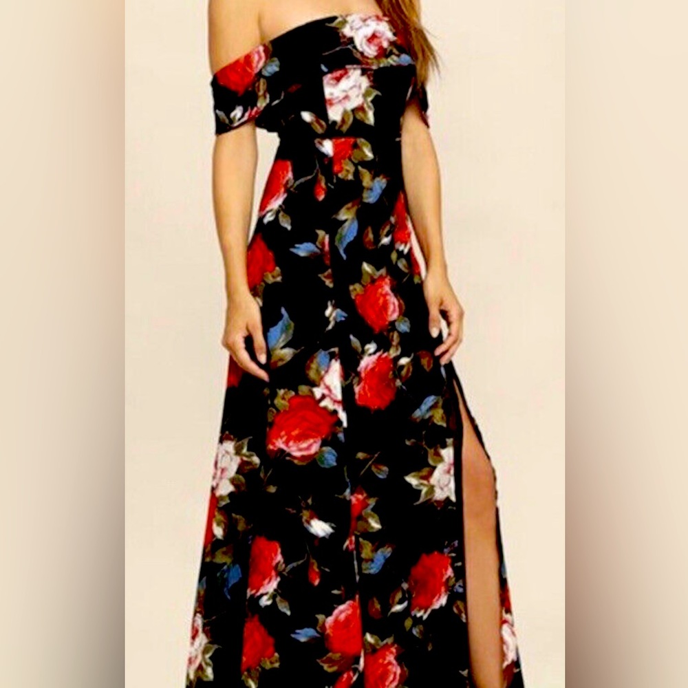 Lulus I Care black floral off the shoulder maxi